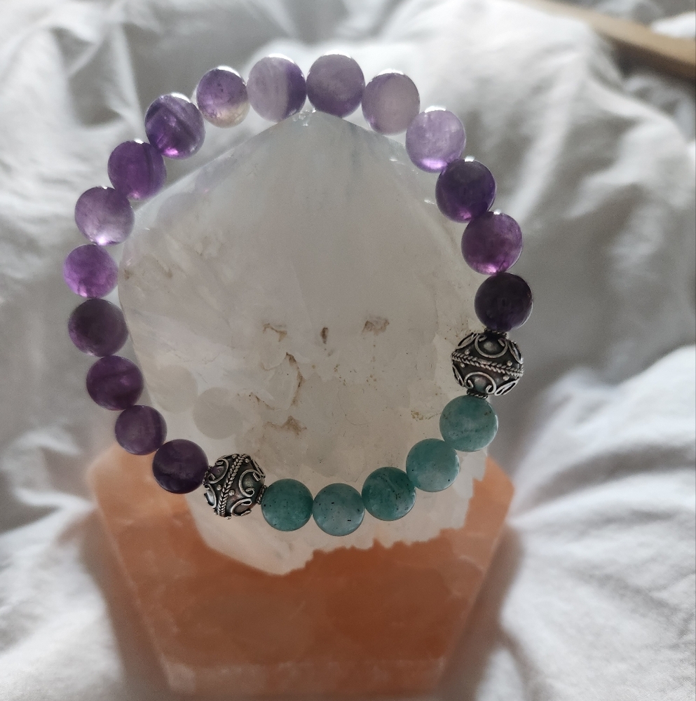 Women's Amazonite & Amethyst Stretch Bracelet with 925 Bali Beads.
